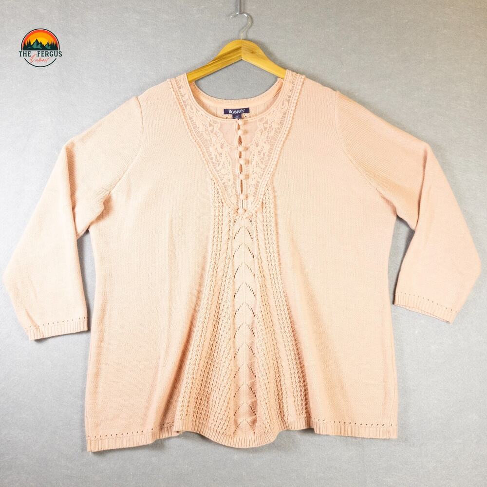 Roman's Lace Yoke Pullover Sweater Pink Long Sleeves Knit Women's Size 2X 26/28